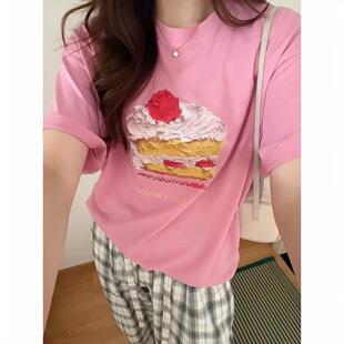 现货~egg韩国东大门鸡蛋家 可爱蛋糕印花粉色显白短袖T恤上衣tee