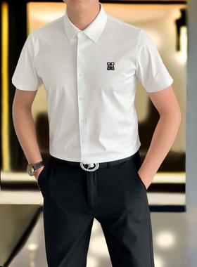 丝滑弹力垂感高级感免烫衬衫男士高端夏季短袖商务休闲黑色衬衣潮
