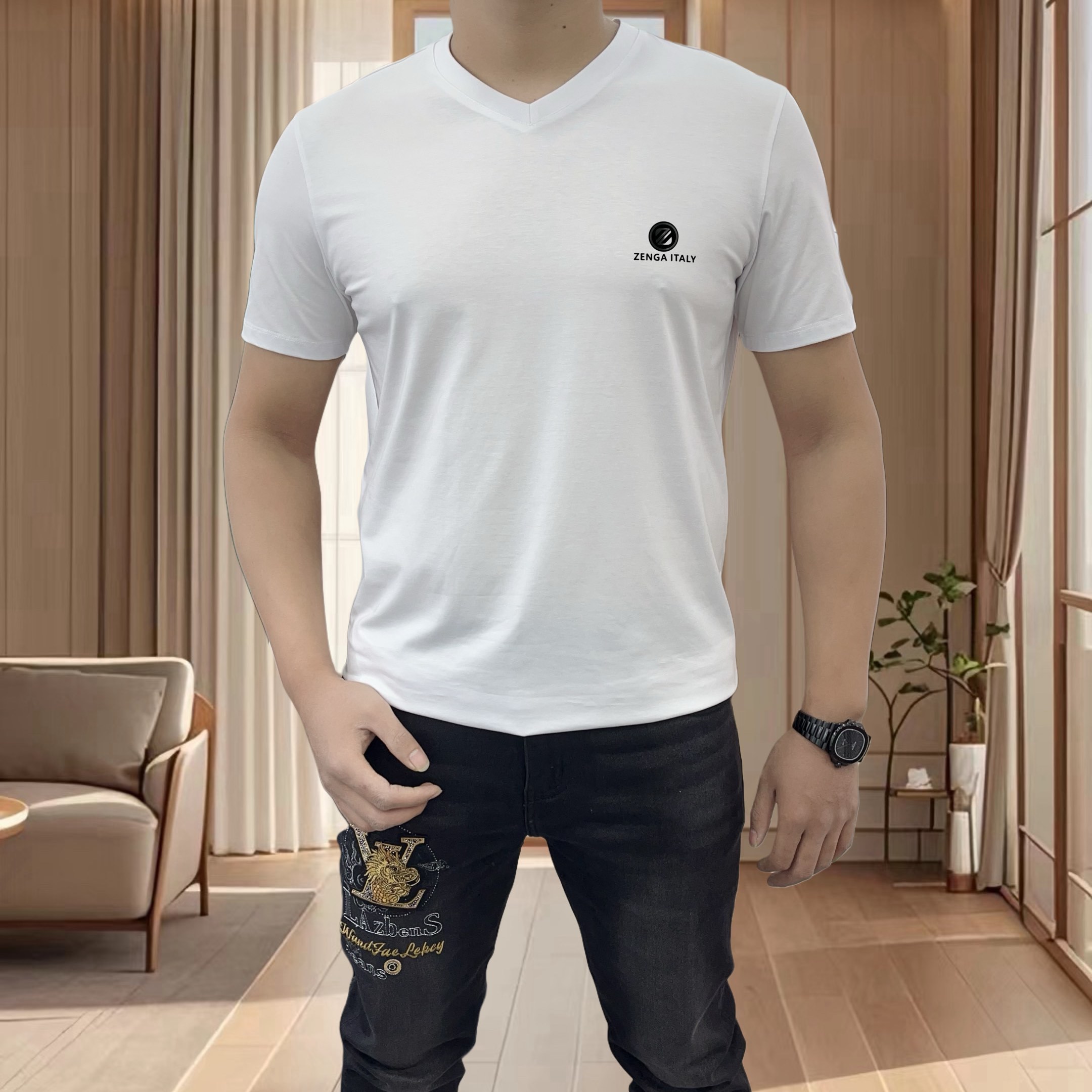 2025夏季新款轻奢简约短袖男T恤欧洲站高端丝光棉Z字母压胶打底衫