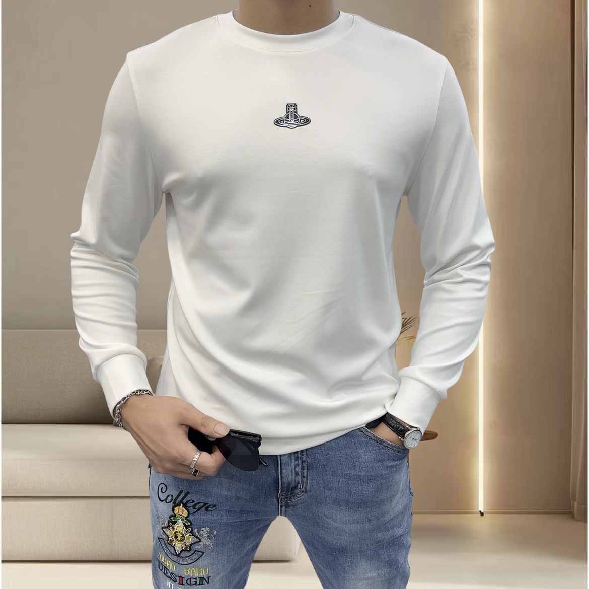 欧货烫钻圆领长袖t恤男士2024春秋百搭卫衣保暖打底衫时尚体恤潮