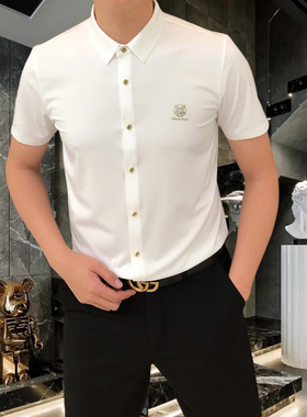 轻奢男士短袖衬衫白色百搭商务休闲简约烫金帅气翻领修身纯色衬衣