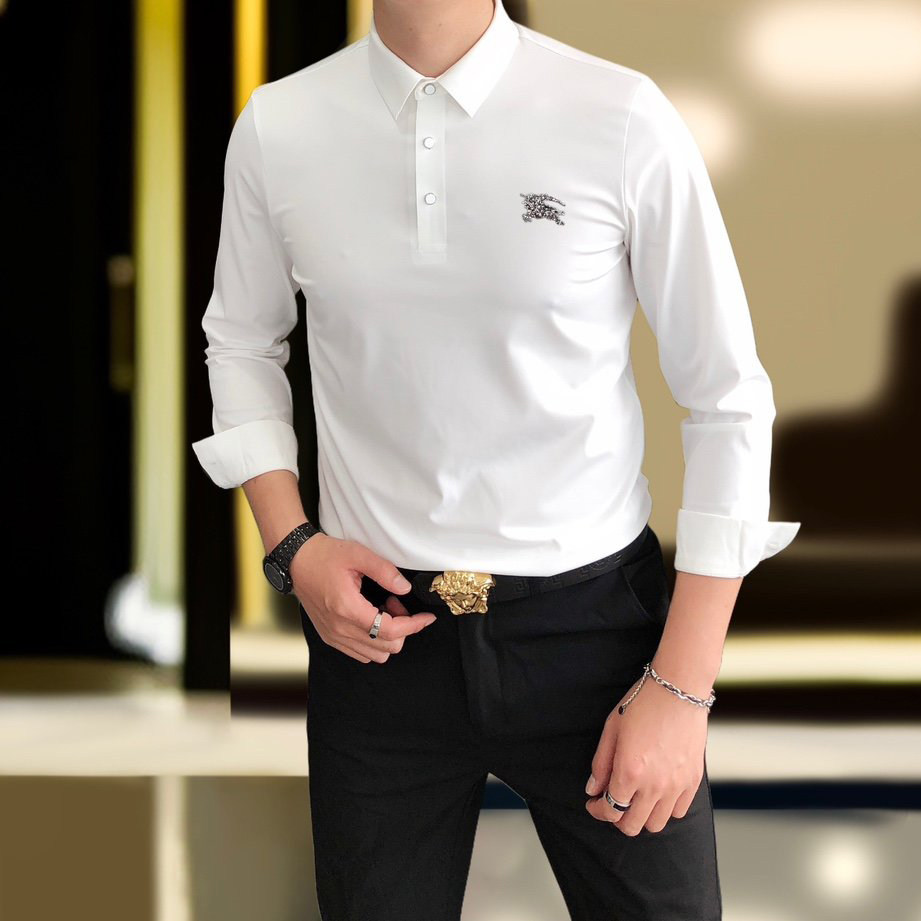轻奢翻领长袖T恤男修身丝光棉秋冬新款丝滑POLO衫烫钻商务休闲潮