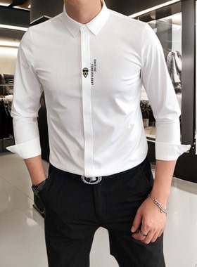 高级感无痕丝滑弹力衬衫男士长袖休闲高端商务免烫小怪兽黑色衬衣