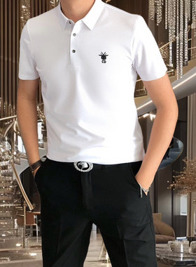 抗皱凉感小翻领短袖T恤男士修身夏天丝滑丝光棉青年POLO衫休闲潮
