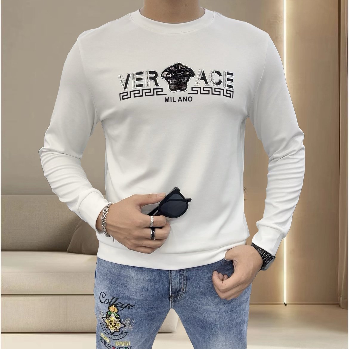 轻奢秋季男士圆领长袖卫衣时尚百搭修身打底衫烫钻刺绣上衣潮T恤