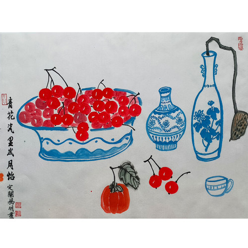 定阐杨明的国画青花瓷，35×46