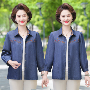 中老年妈妈春夏装全棉七分袖衬衫女薄款牛仔休闲衬衣宽松绣花上衣