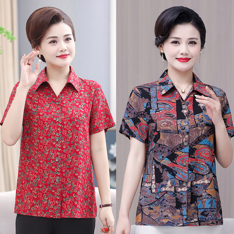 中老年女装夏季纯棉休闲上衣妈妈装全棉衬衣老人绵绸短袖开衫外衣