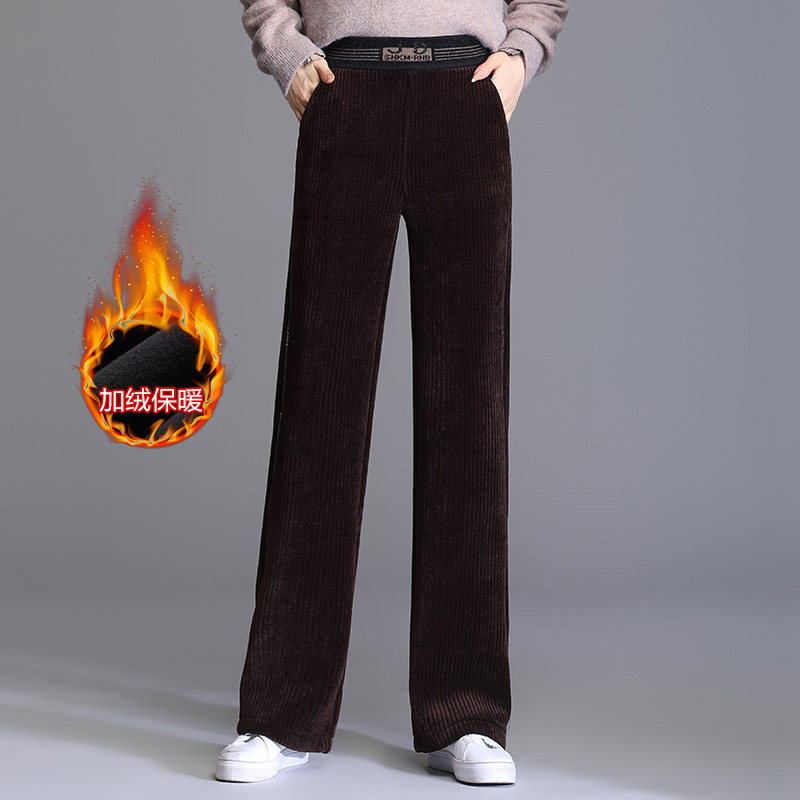 中老年女裤秋冬妈妈雪尼尔微喇加绒加厚长裤高腰显瘦松紧阔腿裤子