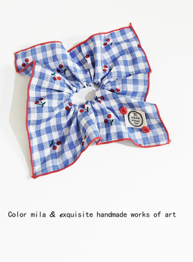 蓝色格子樱桃~方巾发圈大肠圈头绳韩系低马尾发绳扎发橡皮筋发饰