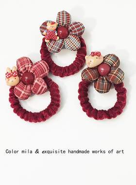 新年头饰红色格纹花朵发圈儿童扎头发皮筋头绳女童高马尾发绳发饰