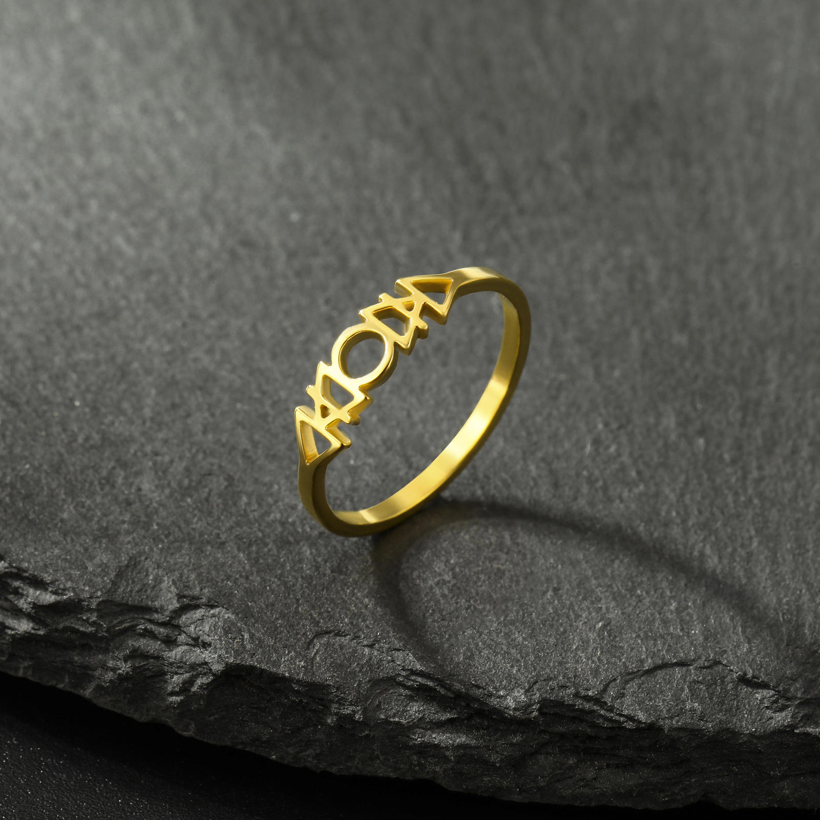 欧美热销个性小众设计几何不锈钢镂空四元素戒指婚礼情人节礼物