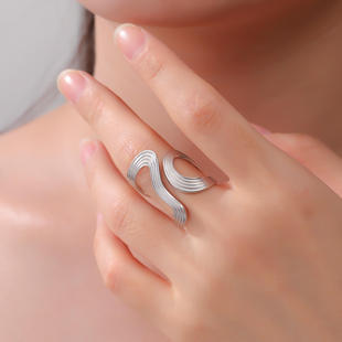 几何流线型波浪开口戒指不锈钢真空电镀18K金个性指环珠宝配饰
