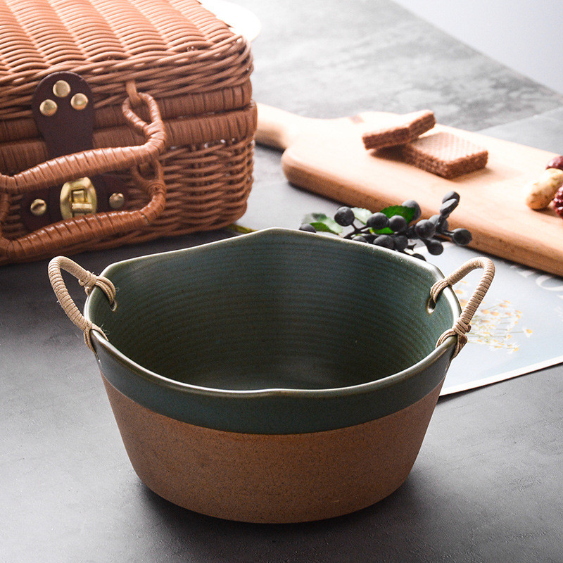 家用双耳手工陶瓷水果盘粗陶沙拉碗藤编景德镇大汤碗创意复古餐具