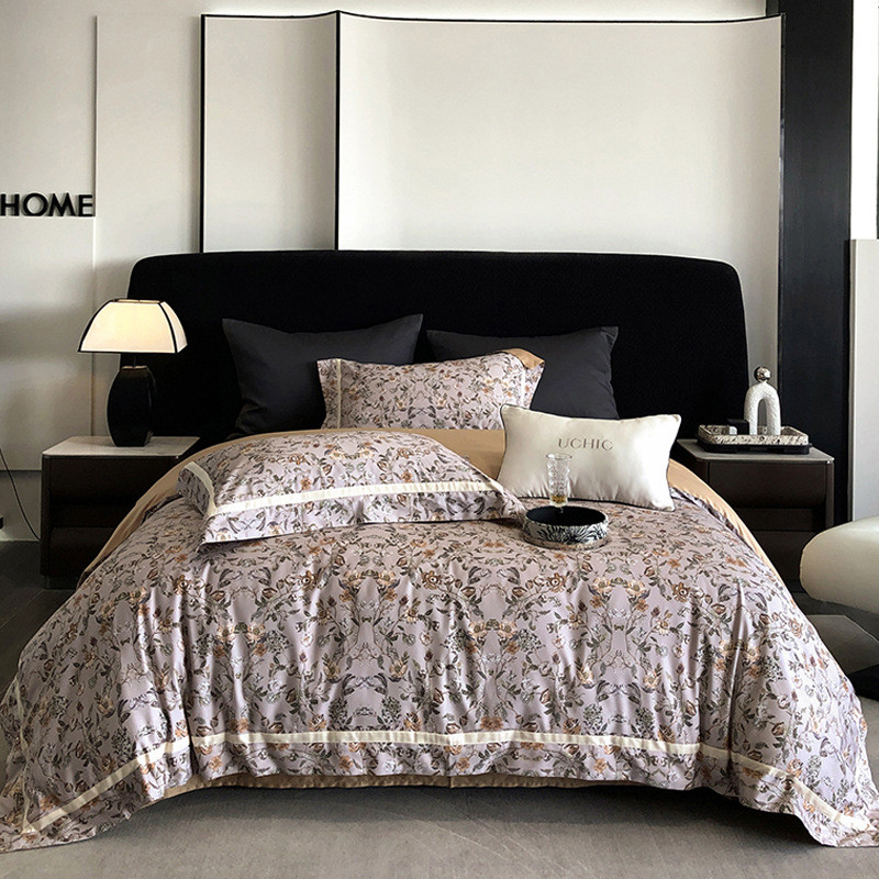 轻奢被套100s长绒棉四件套全棉田园数码印花高级感别墅样板间床品