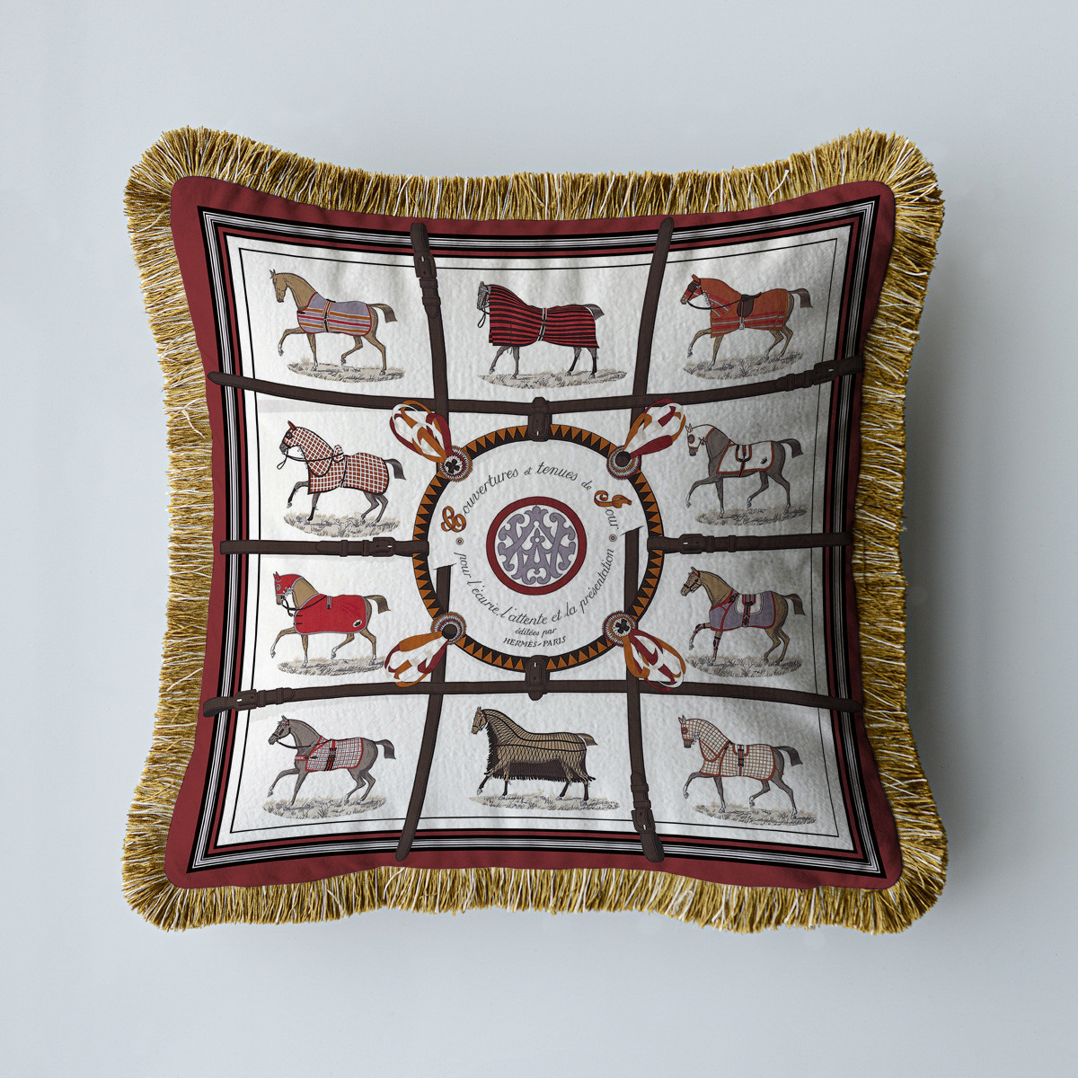 轻奢时尚骏马方抱枕别墅客厅单面云雕绒样板间印花流苏靠垫护腰枕