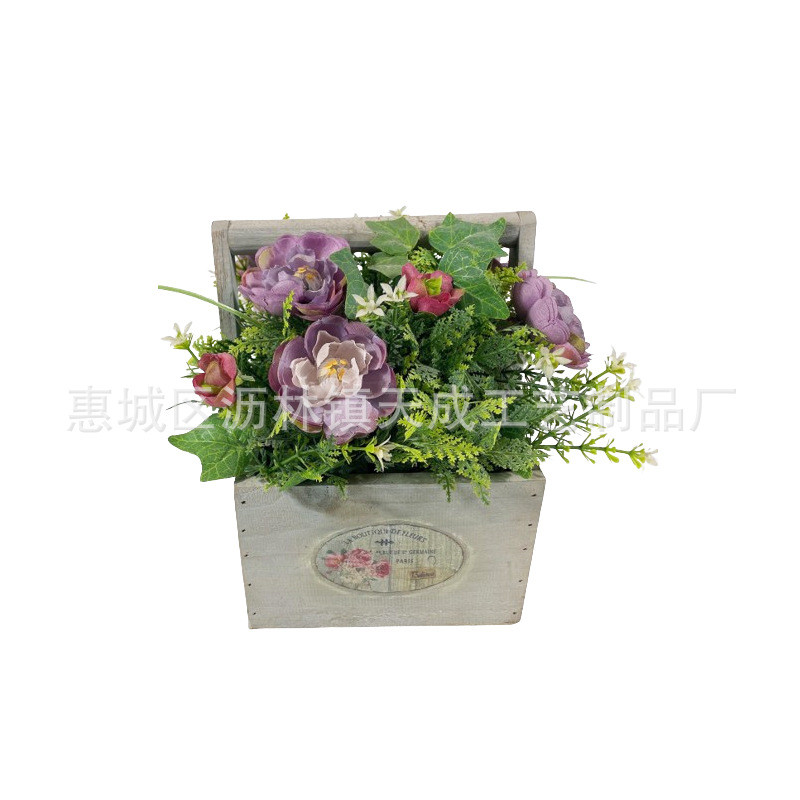 北欧创意田园手提摆件花篮栅栏仿真花艺绿植盆栽客厅餐桌木质