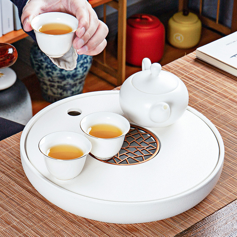 热销27ik茶盘家用粗陶盘沥水盘陶瓷储水茶海轻奢干泡茶台圆形茶具