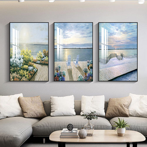 现代客厅装饰画沙发背景墙挂画现代简约三联画海景大气卧室墙壁画