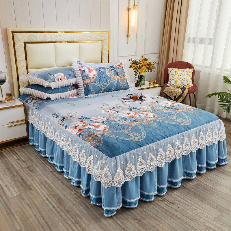 5ZW韩版蕾丝床裙冰丝席三件套1.8米加厚可折叠机洗凉席空调软席子