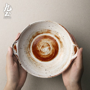 粗陶双耳碗防烫汤面钵仔碗大复古餐具手工陶瓷微波炉家用食器 日式