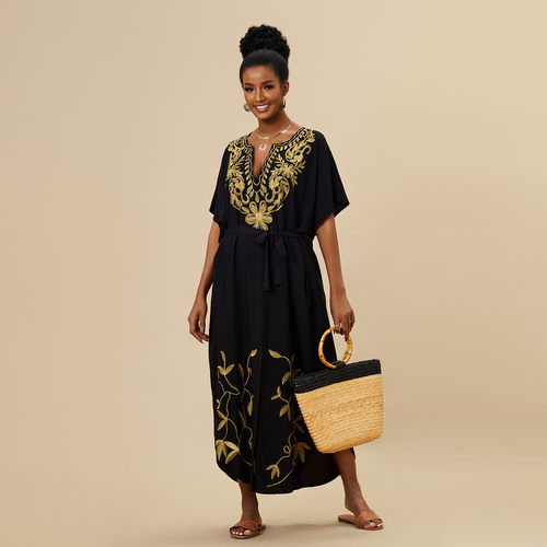 腰带罩衫人棉金色绣花沙滩度假长裙22190(2色）l