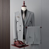 修身 西服套装 韩版 三件套商务职业正装 伴郎新郎结婚礼服 双排扣男士