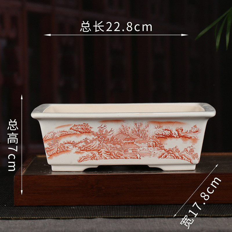 彩绘紫砂花盆批发文竹复古装饰盆景盆桌面长方形多肉花盆yzch19