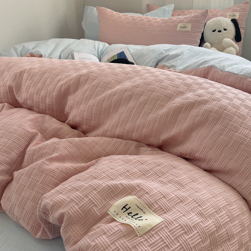 床上四件套双层纱水洗棉小清新泡泡纱被套学生宿舍床单床笠三件套