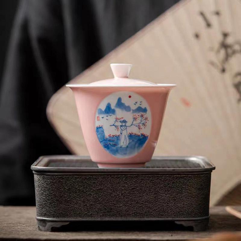 手绘开窗盖碗釉下手画仙姑拾趣手抓泡茶碗田园风山水人家泡茶器
