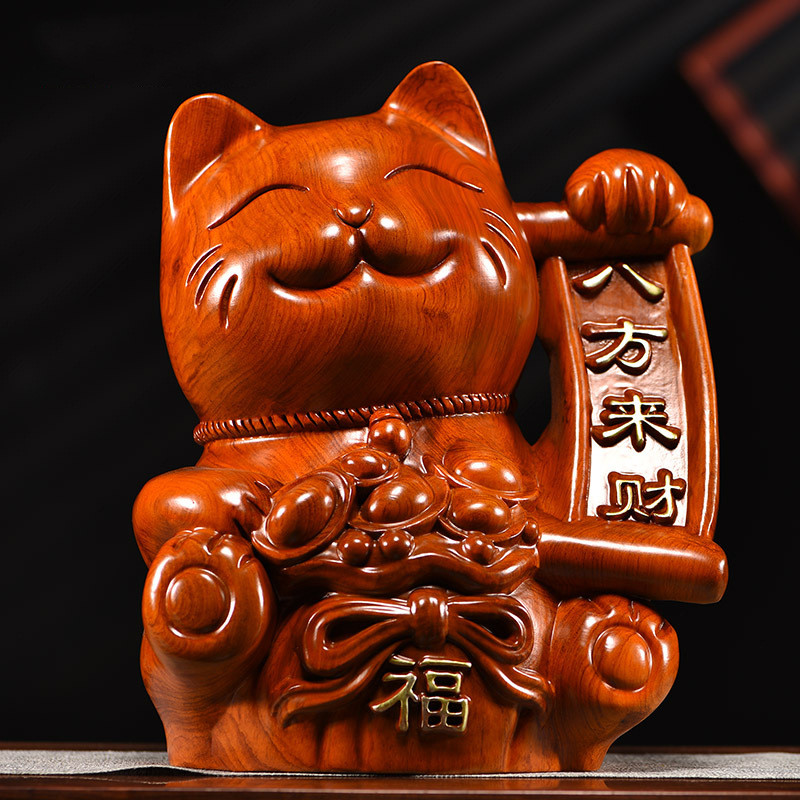 招财猫摆件花梨实木雕刻店铺开业送礼办公室前台收银工艺礼品摆件