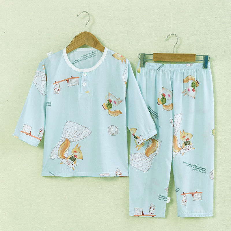 夏季儿童棉绸睡衣套装男童女童小孩宝宝家居服绵绸休闲薄款空新款