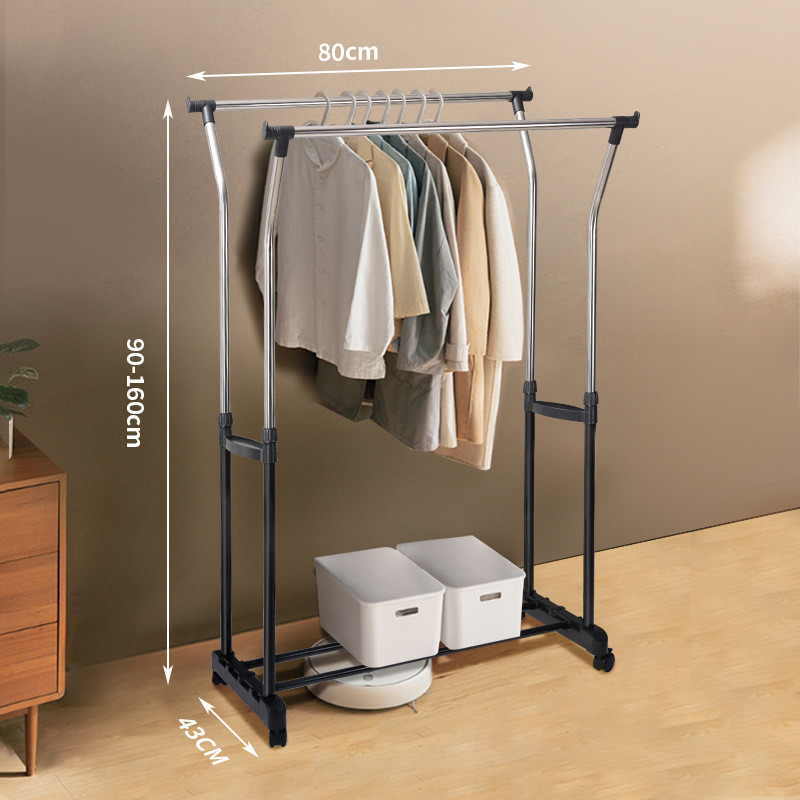 家用小型滑轮落地双杆晾衣架简易室内带可伸缩移动升降挂衣杆批发