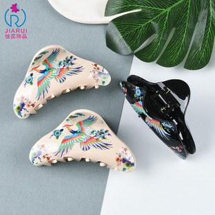 中国风发夹半扎发彩绘凤凰于飞图案9cm中号亚克力抓夹小发量新款