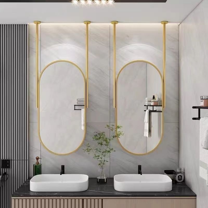 新款北欧智能发光浴室镜子酒店民宿卫生间金属吊杆镜悬空吊椭圆形