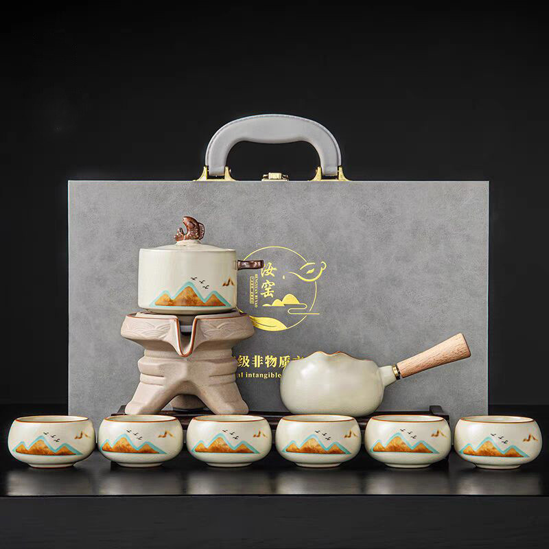 汝窑石磨家用懒人泡茶自动茶具旋转泡茶壶茶杯高档茶具一整套