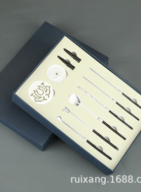 r7033黑檀木柄黄铜砂银色纂香工具/仿色/仿古金色七件套//香勺香