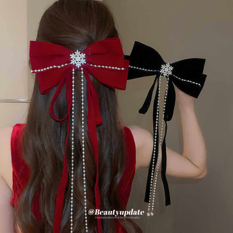 红色大号蝴蝶结人造珍珠款发夹新娘流苏弹簧夹小众时尚高级感发饰
