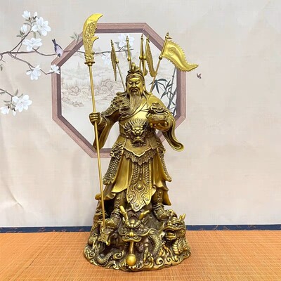 黄铜九龙关公摆件家用店铺开业刀立托宝关二爷铜像工艺品装饰