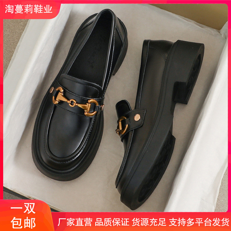 25新款真皮小皮鞋女2025新款春秋厚底英伦风平底黑色大码41单鞋43