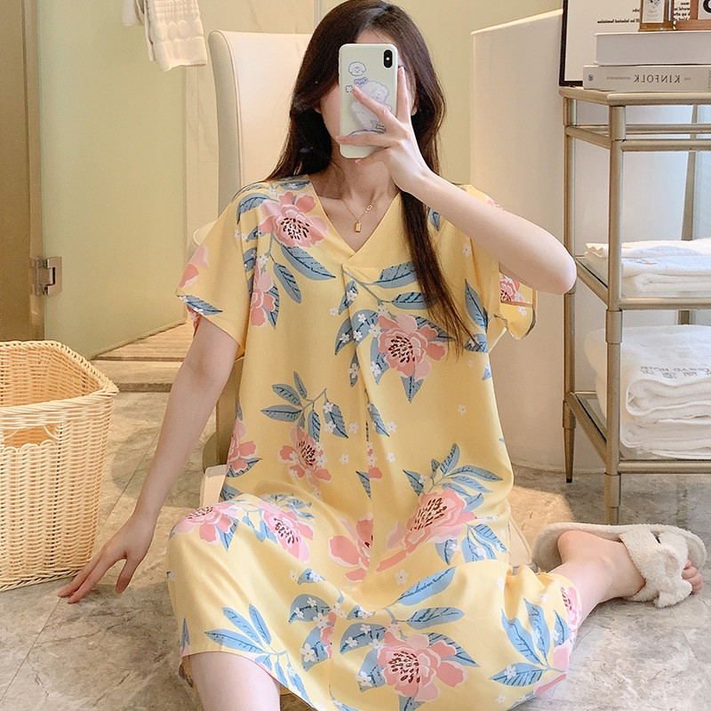 短袖棉绸睡衣女夏薄款人造棉家居长裙睡裙妈妈款大码可外穿绵绸裙