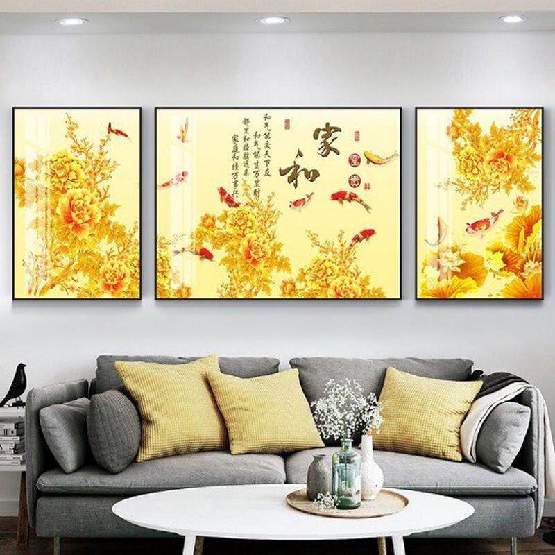 中式挂画客厅装饰画沙发背景墙壁画三联简约有框画家和万事兴