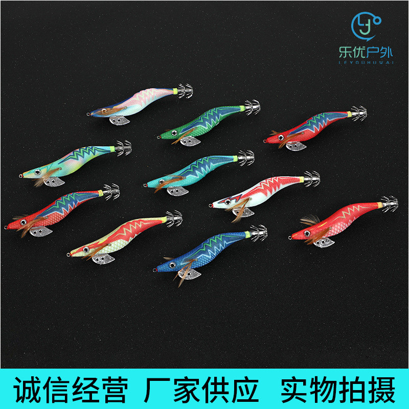 厂家供应夜光木响虾珠鱿鱼钩仿真闪电条纹十色套装海钓鱼具用品