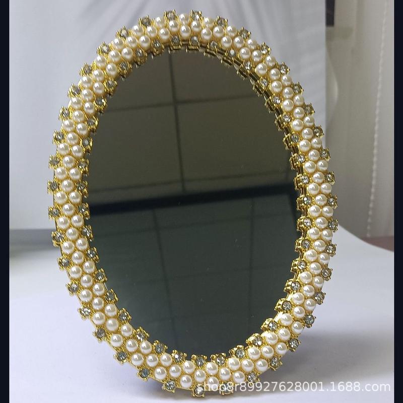 新款时尚镶嵌珍珠化妆镜,梳妆镜田园台式金属梳妆镜复古双面梳妆