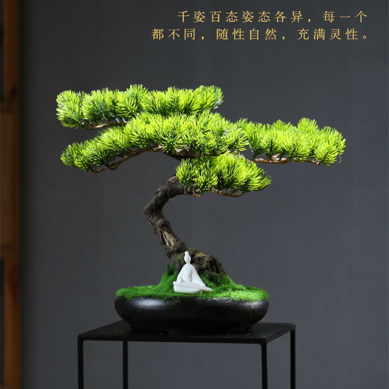 仿真迎客松盆景摆件客厅罗汉松柏树装饰办公茶桌仿生假绿植新中式