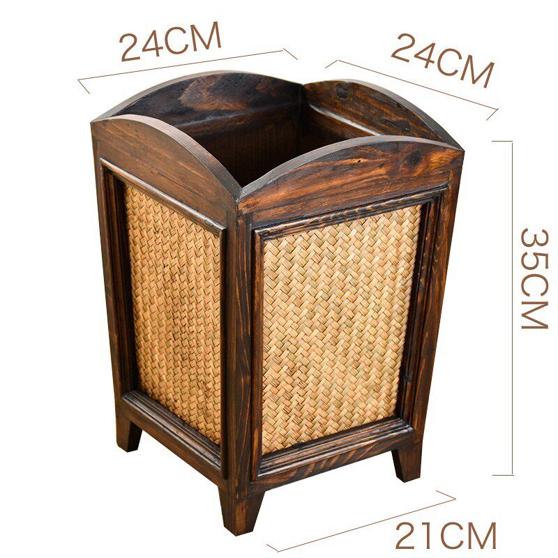 藤编垃圾桶带盖家用客厅创意垃圾篓木质复古新中式卫生间竹编纸篓