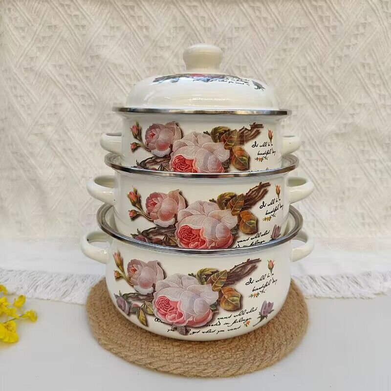 三件套搪瓷烧锅珐琅平底锅家居规格多日用搪瓷锅带盖双耳礼品汤锅