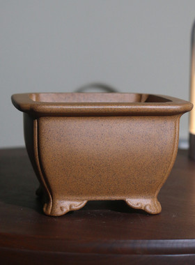 紫砂花盆冯长根名家四方切角盆正方形柴烧兰花盆仿古降坡泥手工盆