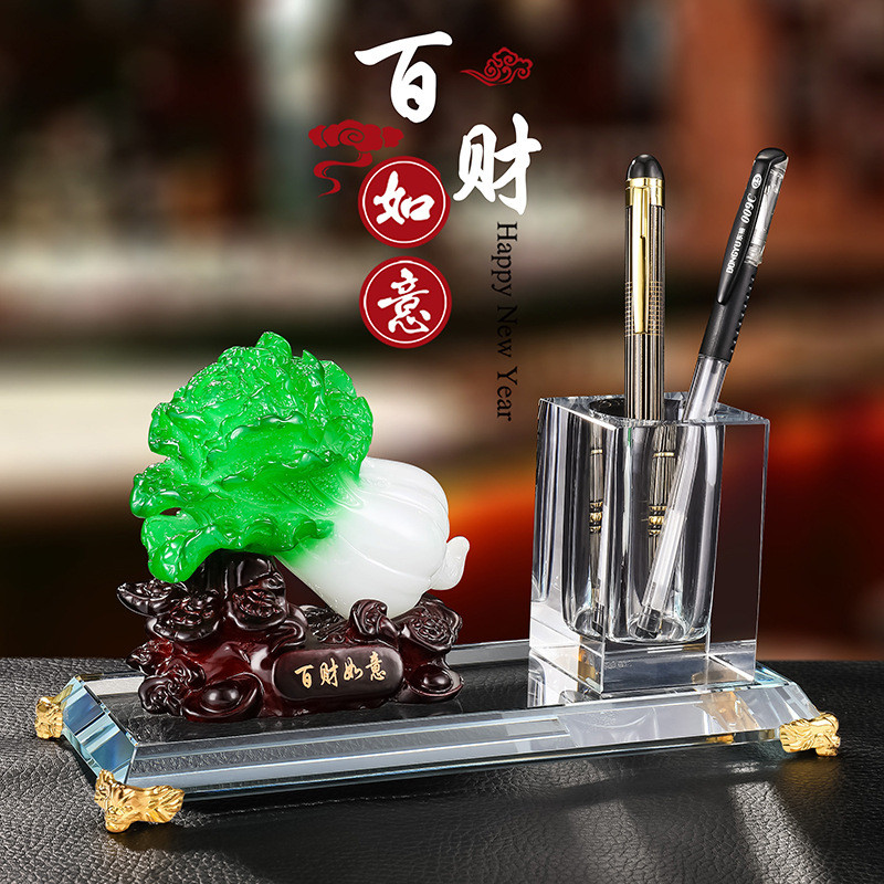 收纳盒锦瑞新款老板总经理办公室桌面水晶笔筒摆件时尚泰办公桌老