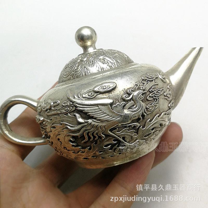 古玩杂项批发 仿古做旧银器批发茶壶龙凤 仿古银饰家居办公摆件
